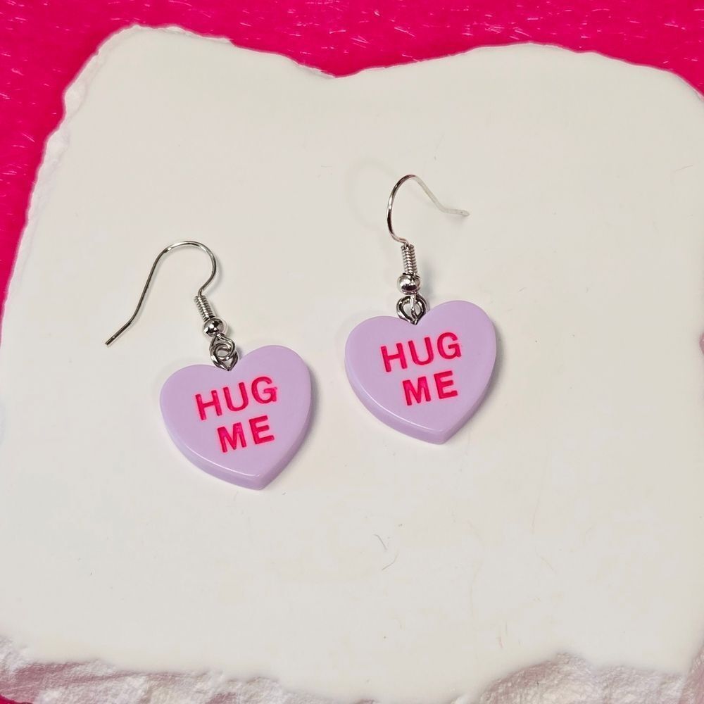 2/$25 Nostalgic Candy Heart Resin Dangle Earrings 💖 Hug Me Conversation Hearts - Picture 3 of 5